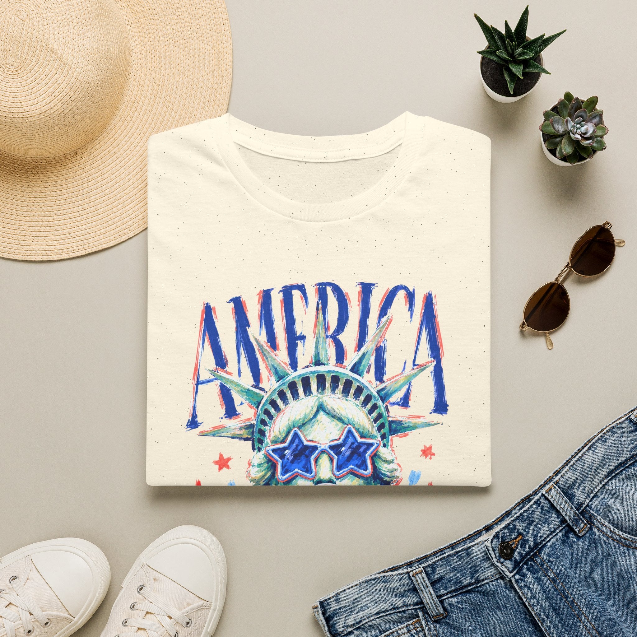America Statue of Liberty Graphic T-Shirt — Patriotic 4th of July Tee with Sunglasses & Bubble Gum
