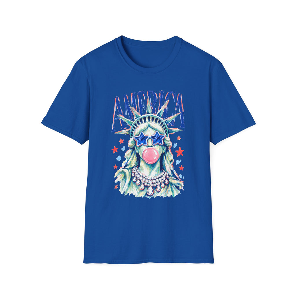 America Statue of Liberty Graphic T-Shirt — Patriotic 4th of July Tee with Sunglasses & Bubble Gum