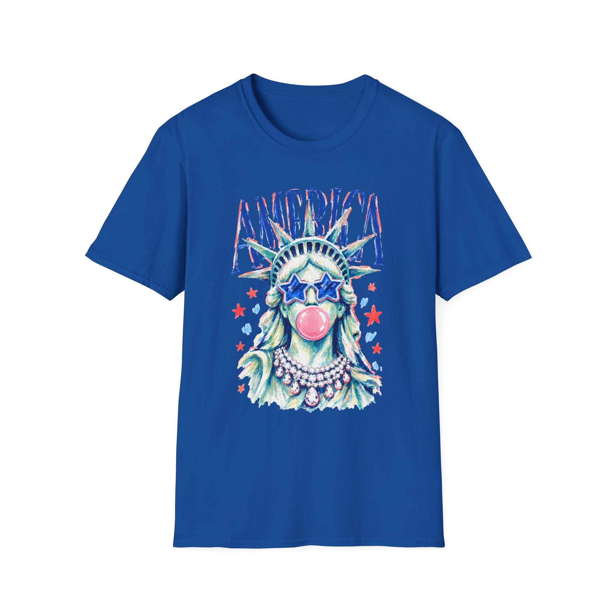 America Statue of Liberty Graphic T-Shirt — Patriotic 4th of July Tee with Sunglasses & Bubble Gum