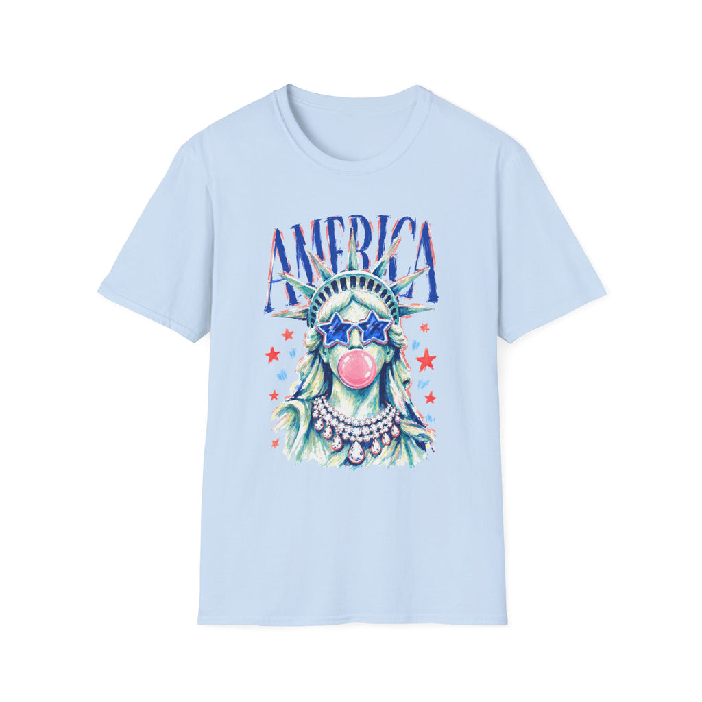 America Statue of Liberty Graphic T-Shirt — Patriotic 4th of July Tee with Sunglasses & Bubble Gum