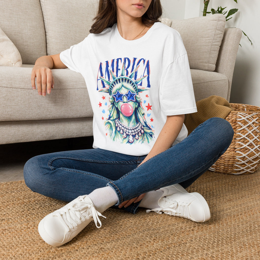 America Statue of Liberty Graphic T-Shirt — Patriotic 4th of July Tee with Sunglasses & Bubble Gum