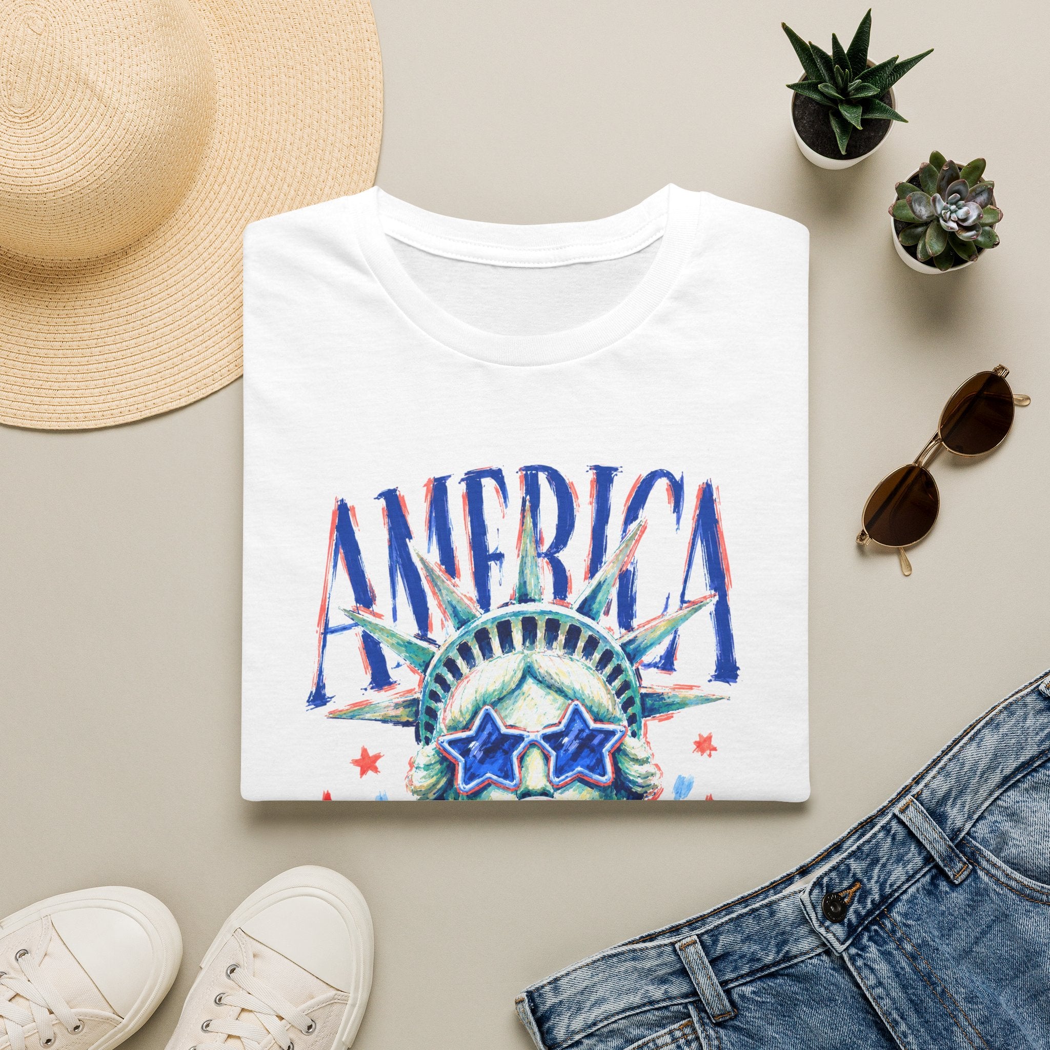 America Statue of Liberty Graphic T-Shirt — Patriotic 4th of July Tee with Sunglasses & Bubble Gum