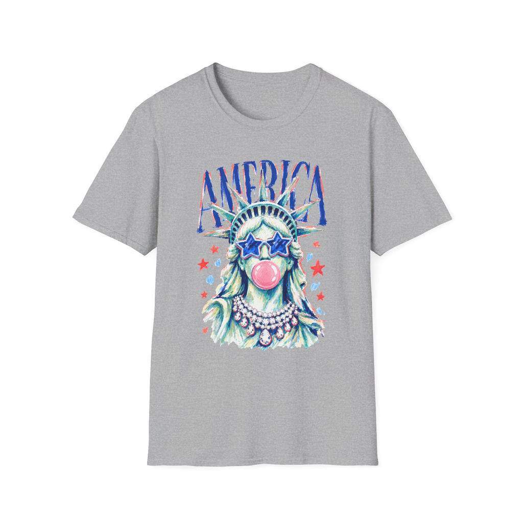 America Statue of Liberty Graphic T-Shirt — Patriotic 4th of July Tee with Sunglasses & Bubble Gum