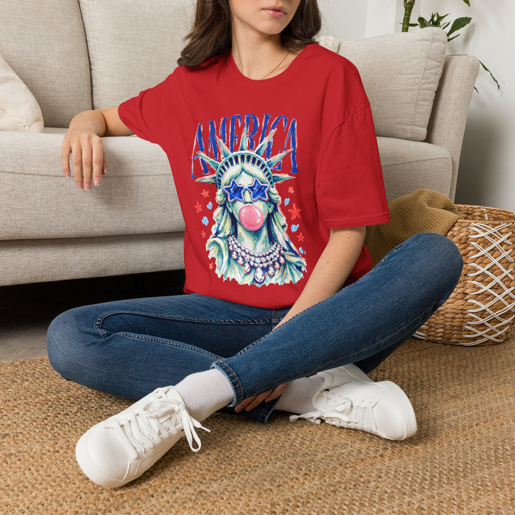 America Statue of Liberty Graphic T-Shirt — Patriotic 4th of July Tee with Sunglasses & Bubble Gum
