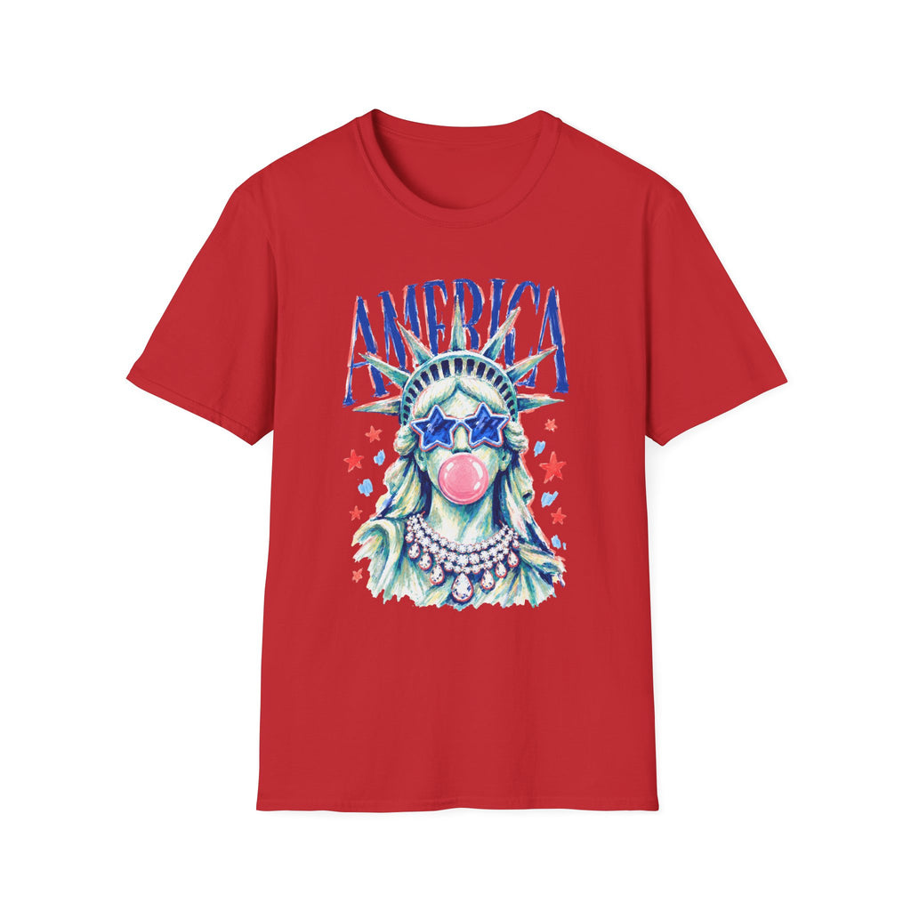 America Statue of Liberty Graphic T-Shirt — Patriotic 4th of July Tee with Sunglasses & Bubble Gum