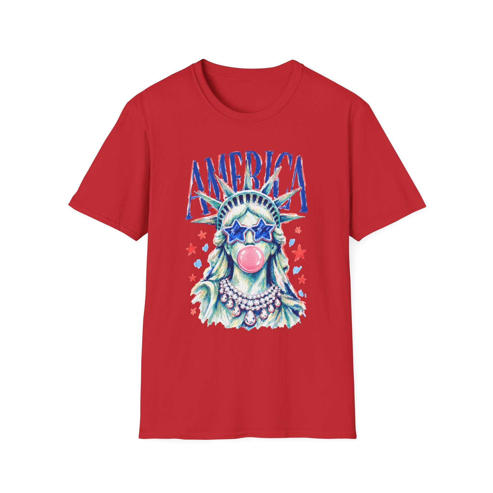 America Statue of Liberty Graphic T-Shirt — Patriotic 4th of July Tee with Sunglasses & Bubble Gum