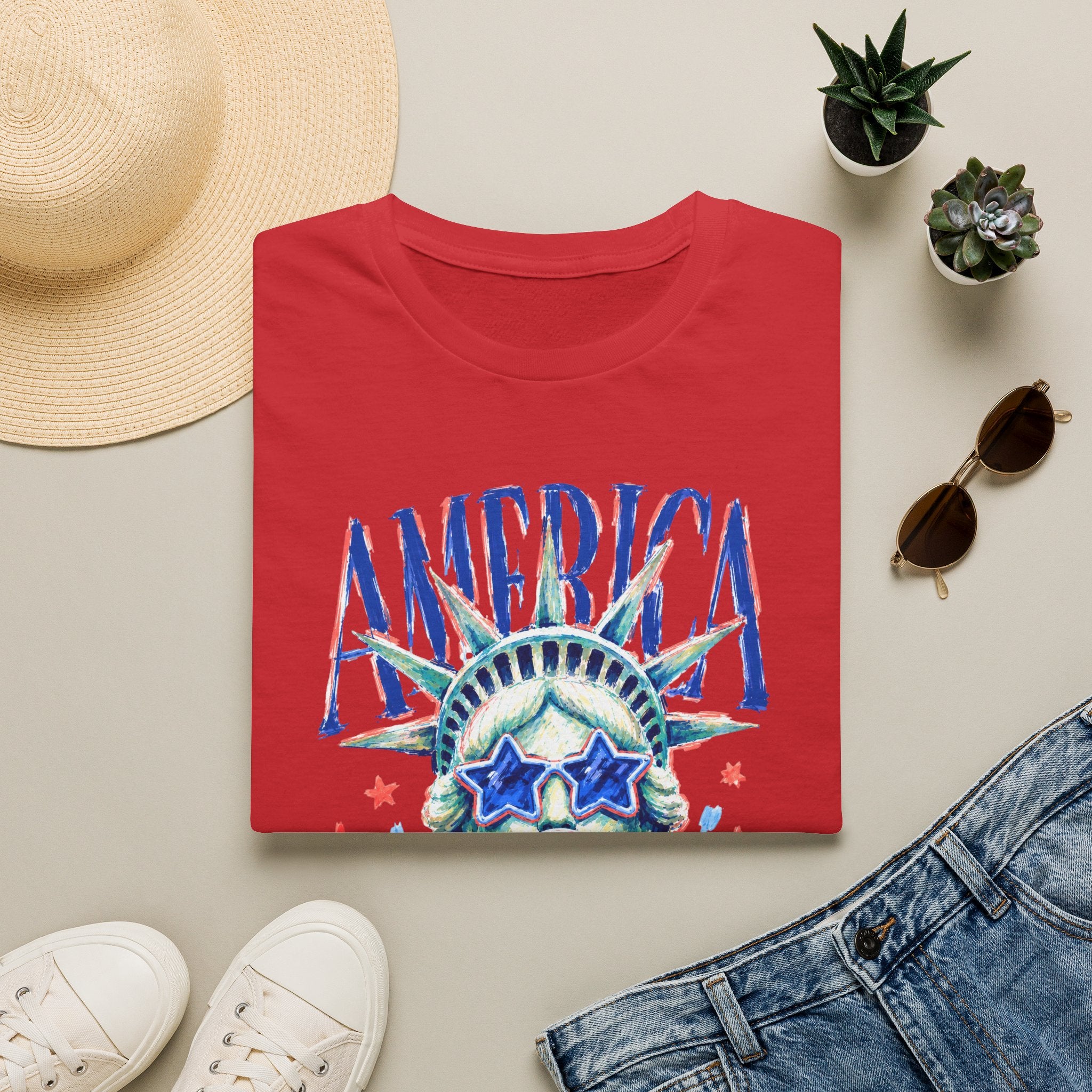 America Statue of Liberty Graphic T-Shirt — Patriotic 4th of July Tee with Sunglasses & Bubble Gum