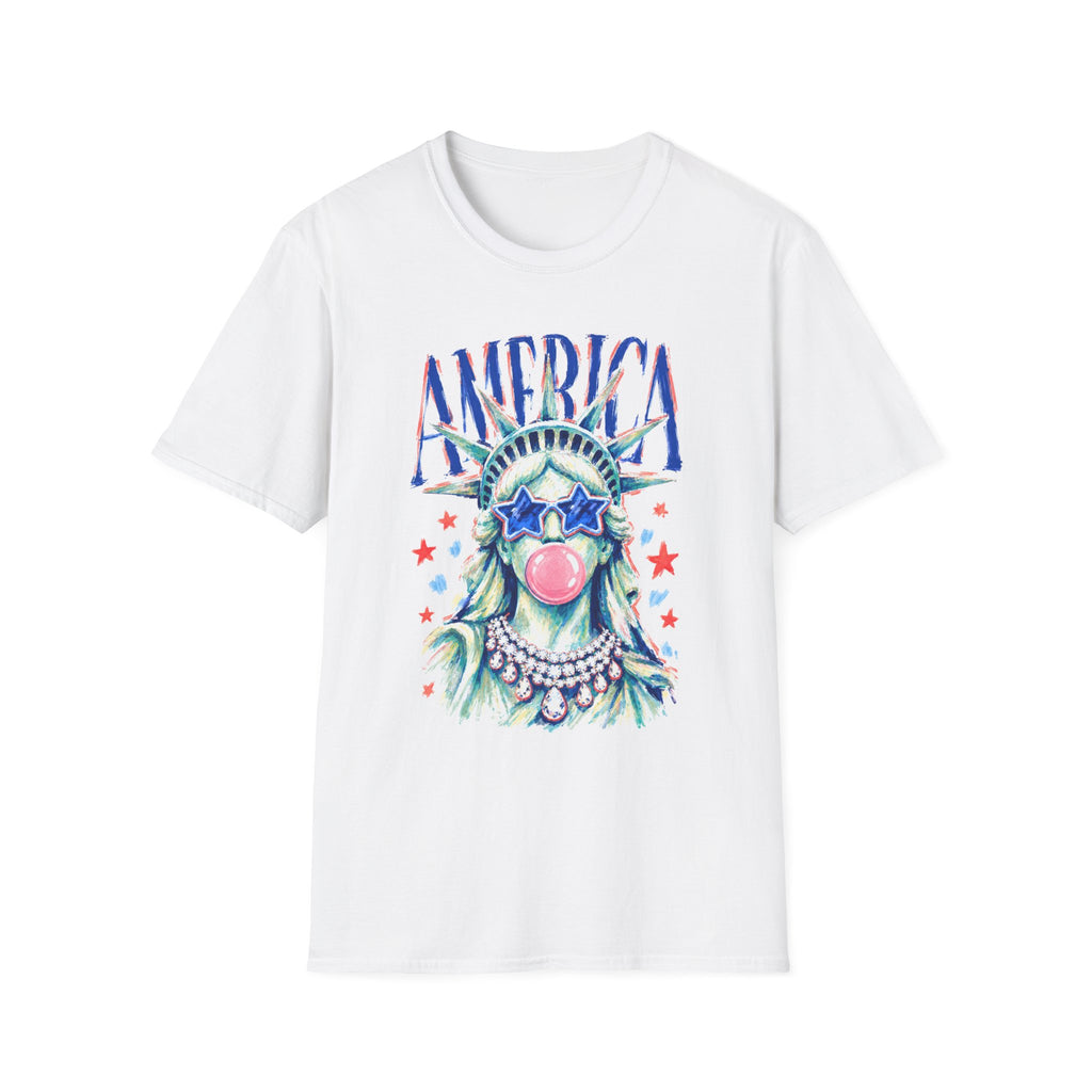 America Statue of Liberty Graphic T-Shirt — Patriotic 4th of July Tee with Sunglasses & Bubble Gum