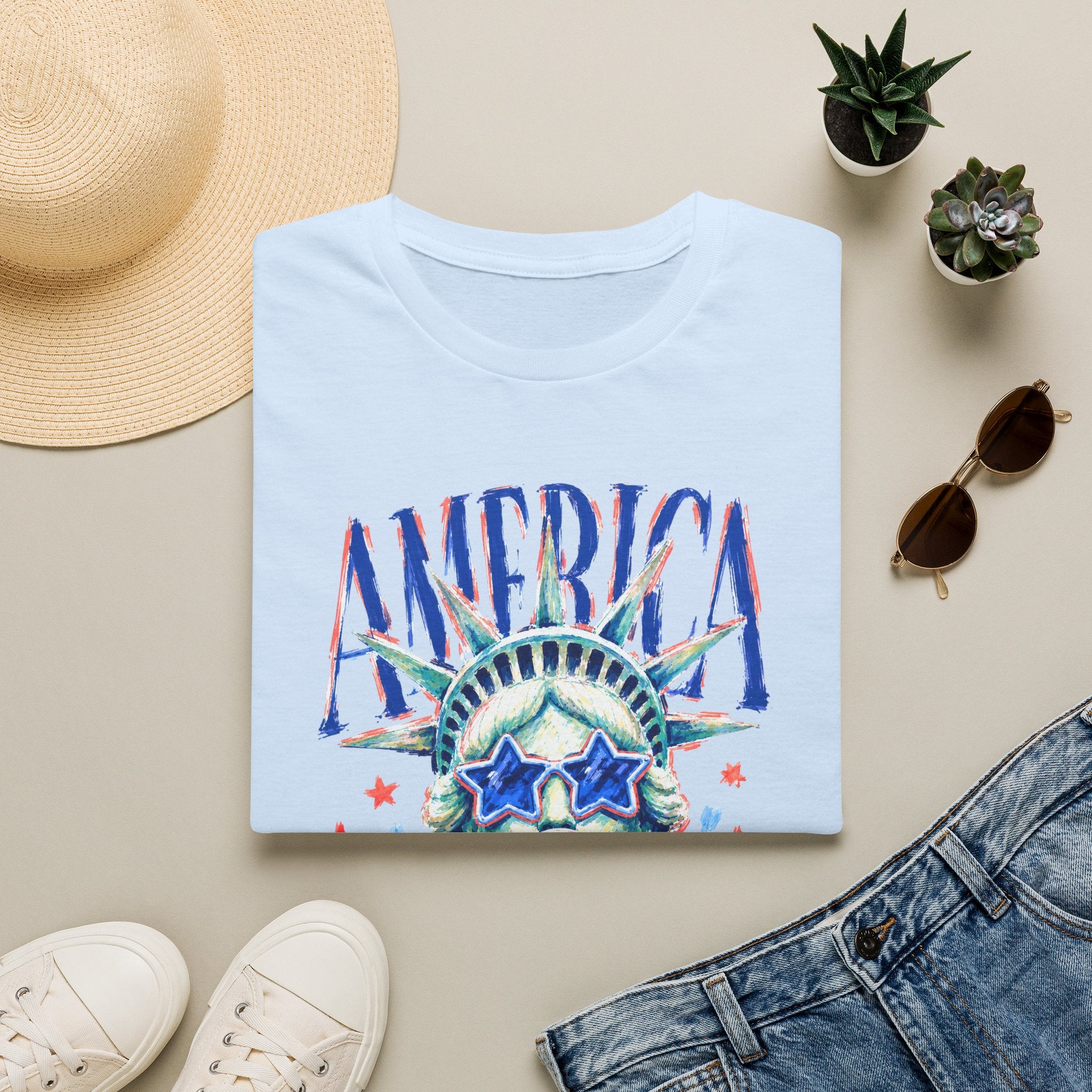 America Statue of Liberty Graphic T-Shirt — Patriotic 4th of July Tee with Sunglasses & Bubble Gum