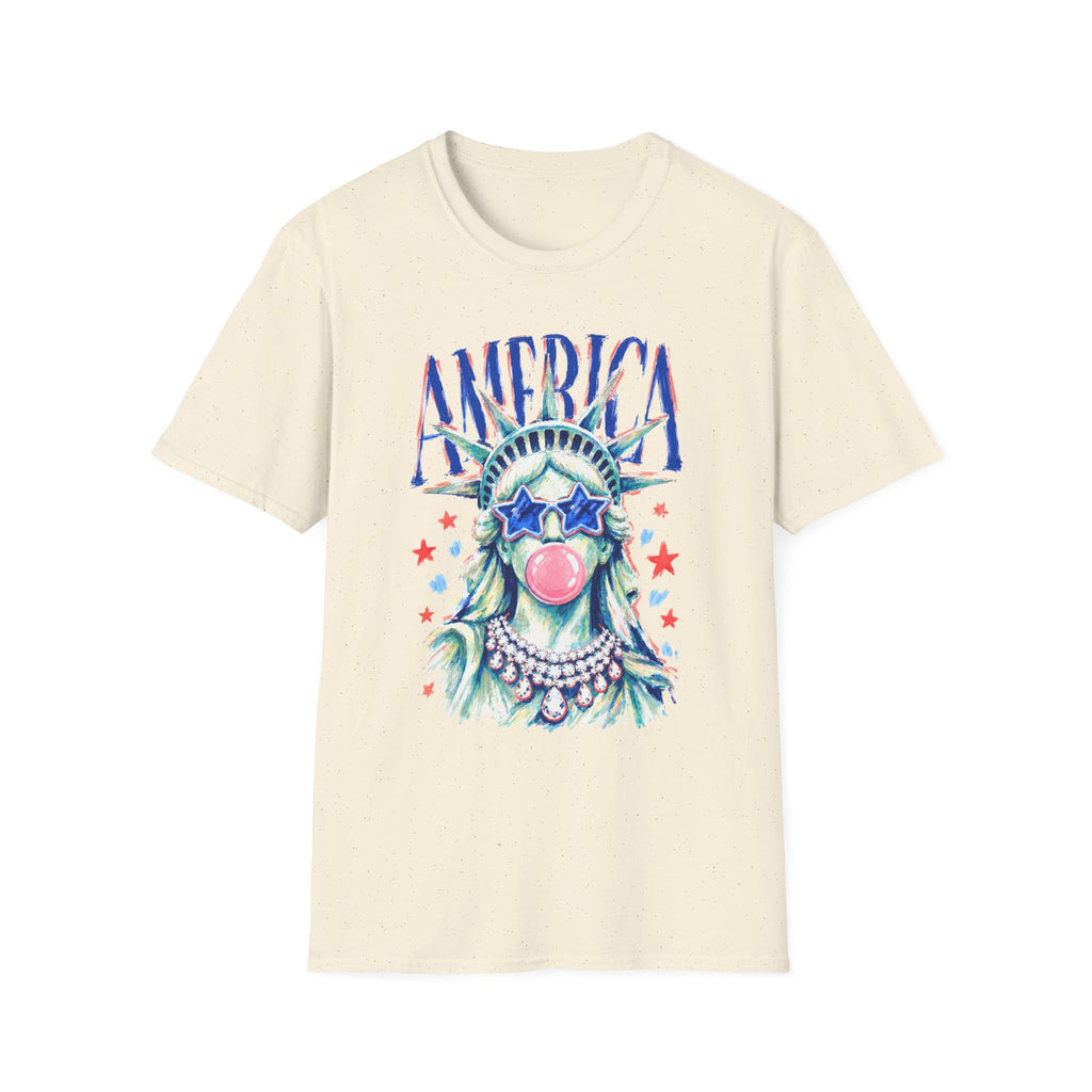 America Statue of Liberty Graphic T-Shirt — Patriotic 4th of July Tee with Sunglasses & Bubble Gum
