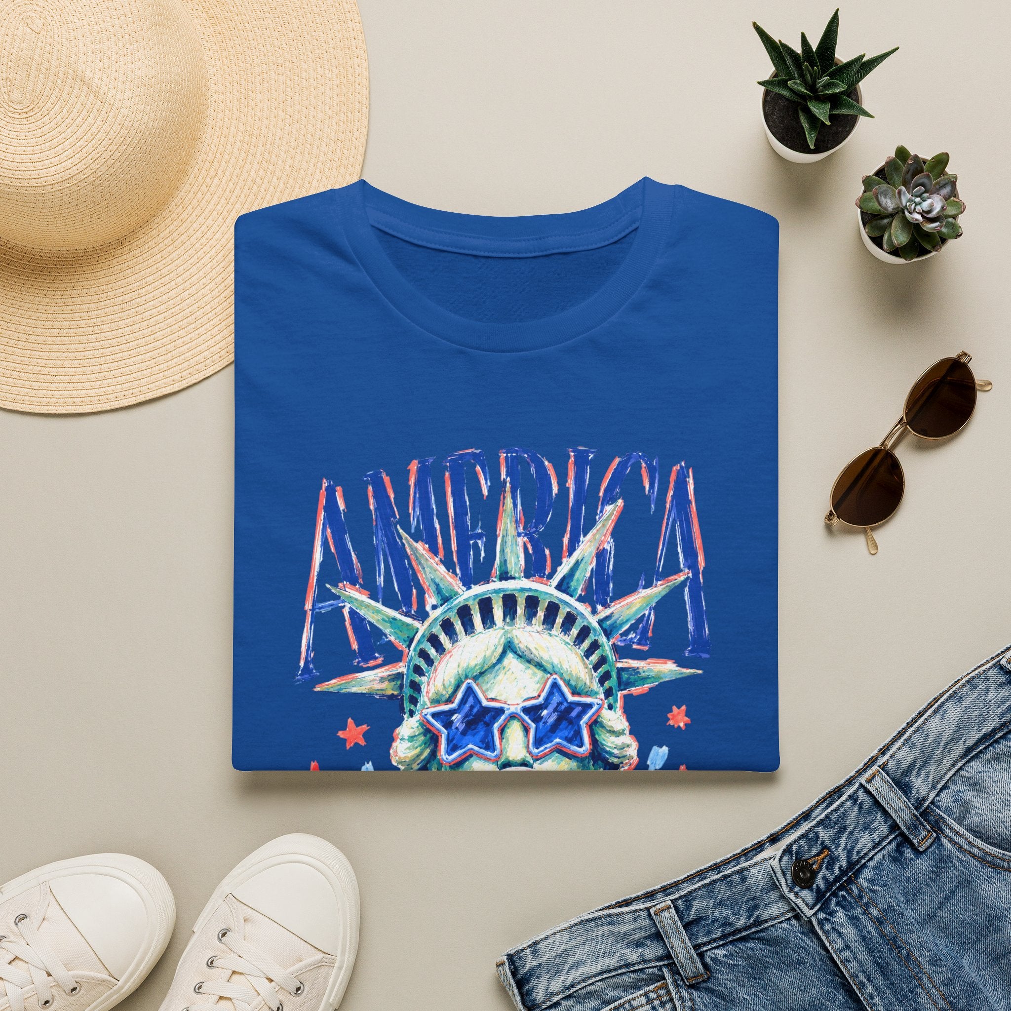 America Statue of Liberty Graphic T-Shirt — Patriotic 4th of July Tee with Sunglasses & Bubble Gum
