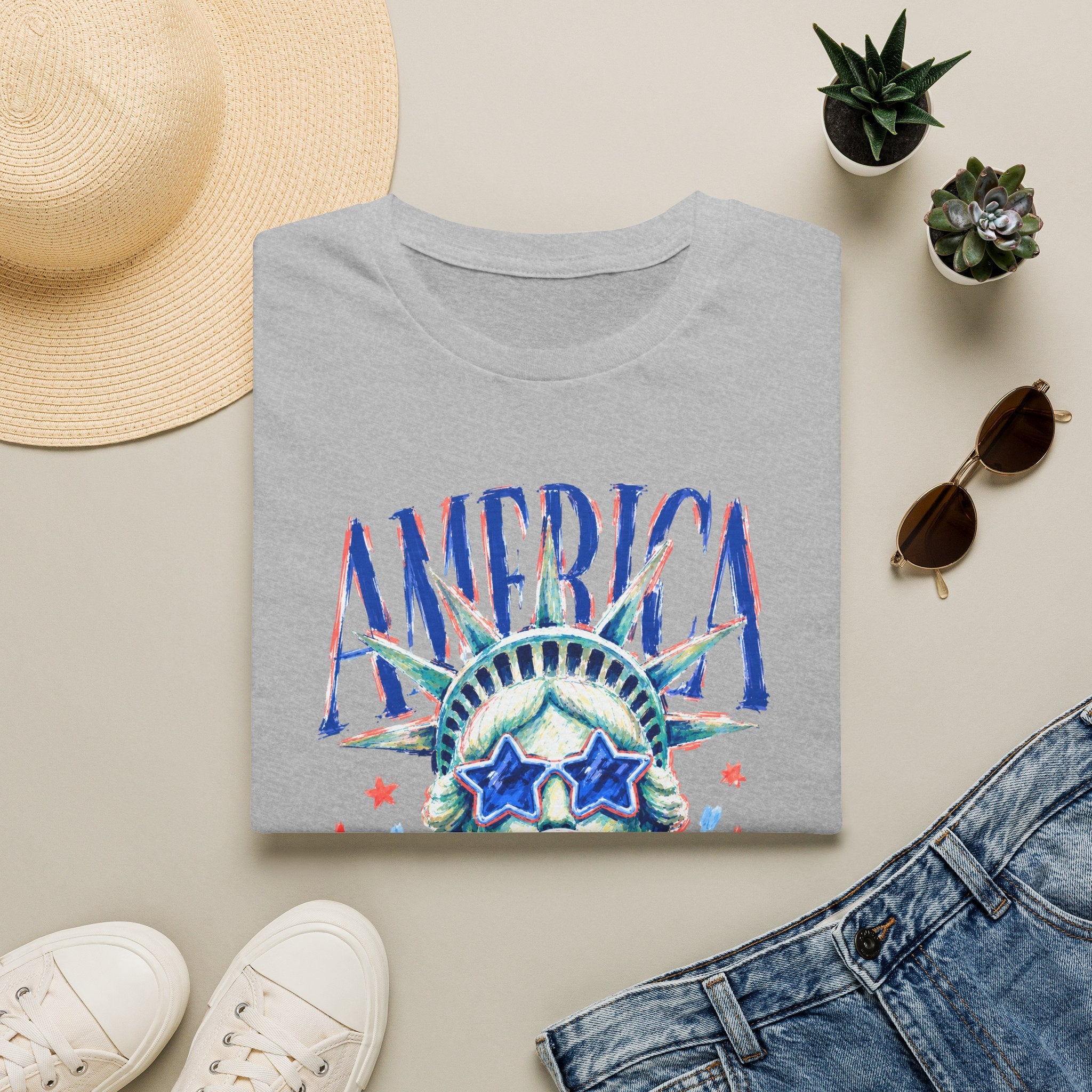 America Statue of Liberty Graphic T-Shirt — Patriotic 4th of July Tee with Sunglasses & Bubble Gum